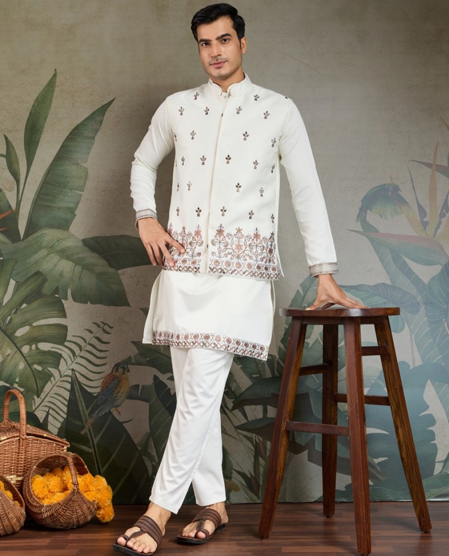 61103-WHITE  - Ivory Embroidered Kurta Set for Men